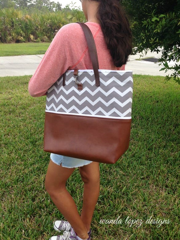 Chevron-and-Leather-Tote-in-Gray-Wanda-Lopez-Designs-modeled