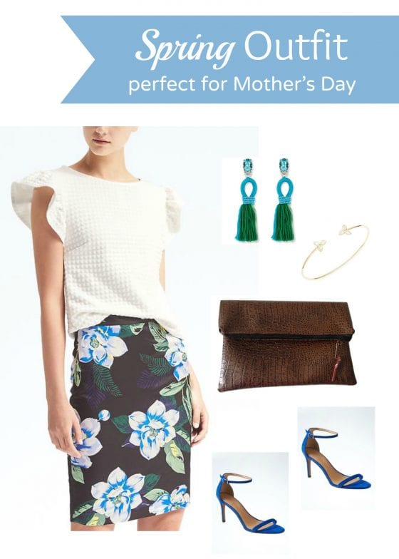 Spring outfit perfect for Mother's Day, floral skirt, white ruffled top, a stunning crocodile fold-over clutch. See more at wandalopez.com - blog / beauty and style